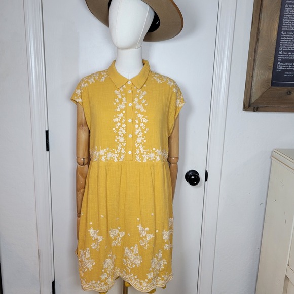 Savanna Jane Mustard Yellow Floral Embroidered Babydoll Dress L Boho Boho Fairy - Picture 1 of 9